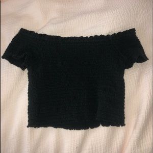 black off the shoulder scrunchie crop top